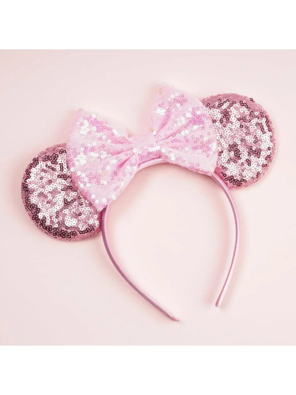 Women Sparkle Pink Polyester Sequins Mickey Mouse Hair Bow Handmade Headband
